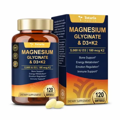 Totaria Magnesium Glycinate 500mg + Vitamin D3 5000 IU & K2 Complex